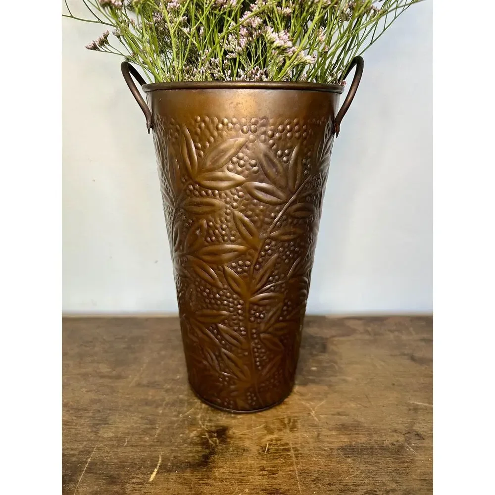 Vintage French Style Embossed Copper Vase Farmhouse Cottagecore Decor